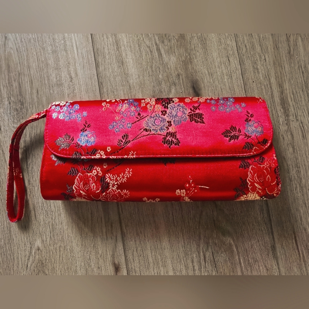 Elegant Red Asian Embroidered Floral Clutch